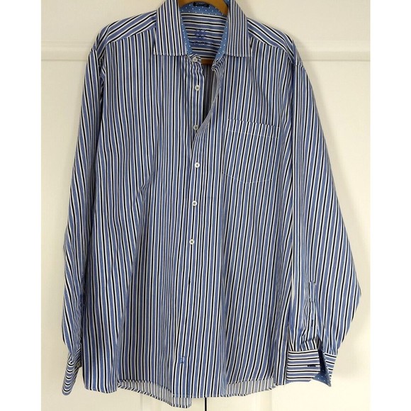 BUGATCHI UOMO Striped Button Down XXL Dress Shirt Flip Cuff Blue Long Sleeve - Picture 1 of 14